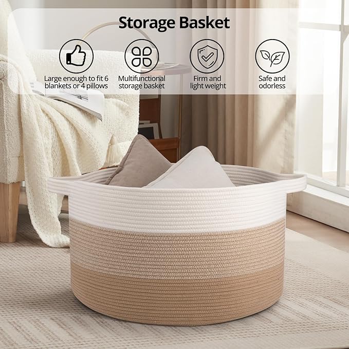 OIAHOMY Extra Large Storage Basket, 23" x 13" Woven Blanket Storage for Living Room, Round Laundry Basket for Pillow-Gardient Light Brown