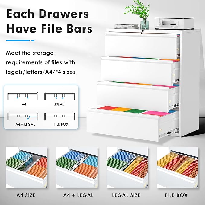 Pataku 4 Drawer File Cabinet with Lock, Metal Lateral File Cabinets for Home Office, Locking Filling Cabinets for Hanging Files Letter/Legal/F4/A4 Size (White)