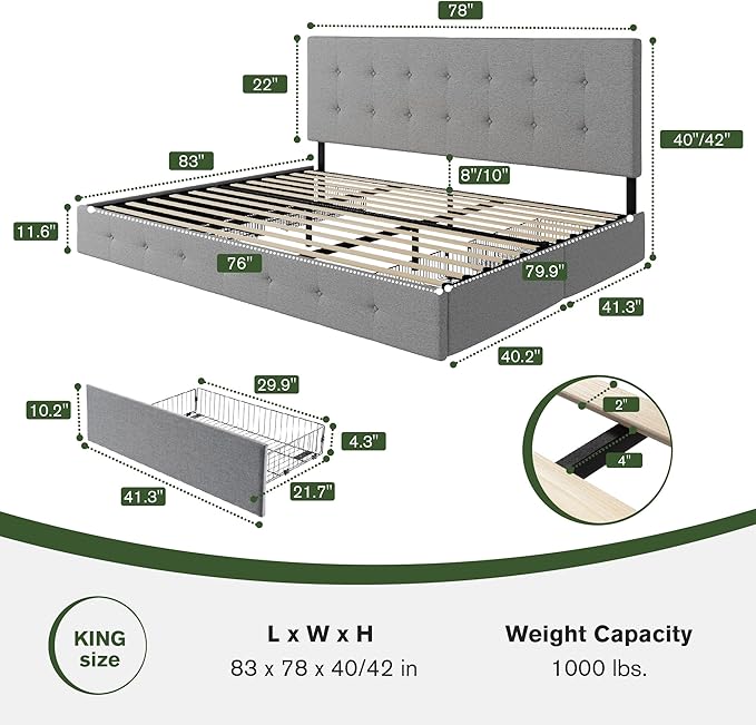MUTICOR King Size Bed Frame with 4 Storage Drawers, Upholstered Platform Bed with Button Tufted Adjustable Headboard, No Box Spring Needed, Easy Assembly, Square Tufted, Light Grey Fabric