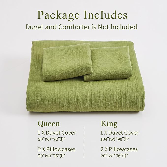 MEISHANG Muslin Duvet Cover Queen Size - 100% Organic Cotton, Soft Textured Gauze Weave Comforter Cover for Breathable All-Season with Zipper Closure - 3 Piece Set (Queen, Forest Green)
