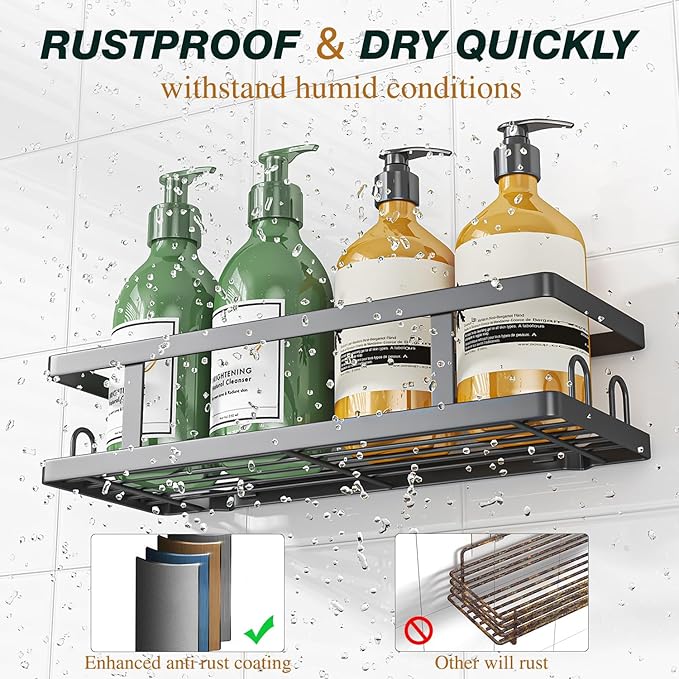 Adhesive Shower Caddy,Shower Shelves with Soap Holder and 12 Hooks,Rustproof No Drilling Bathroom Organizer and Storage,Black,3 Pack