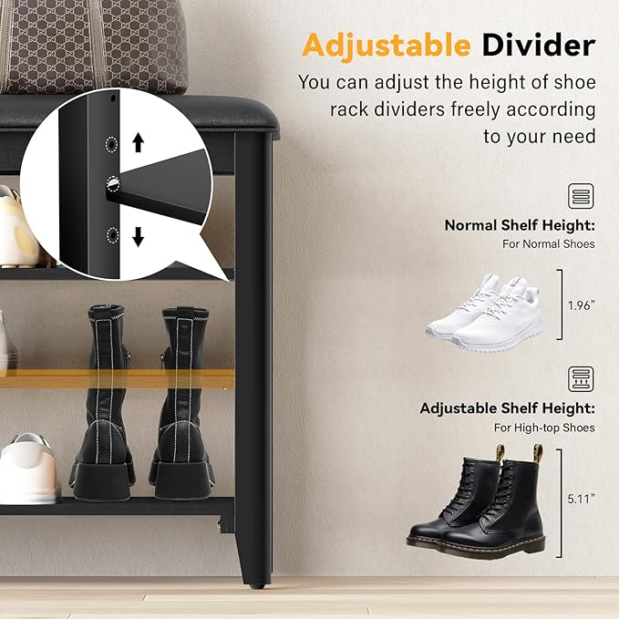 Entryway Shoe Storage Bench with Leather Cushion, Shoe Organizer Bench for Entryway, Ideal for Hallways Front Doors Entrances Mudrooms Featuring Rubberwood And 3 Height-Adjustable & Removable Shelve