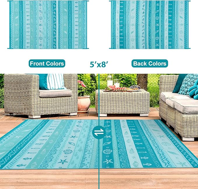 Lahome Outdoor Rug Waterproof, 5x8ft Reversible Outdoor Plastic Straw Rug for Camping, RV Patio Rugs Outside Carpet for Porch Deck Backyard Balcony Picnic(Blue/Multi,5'x 8')