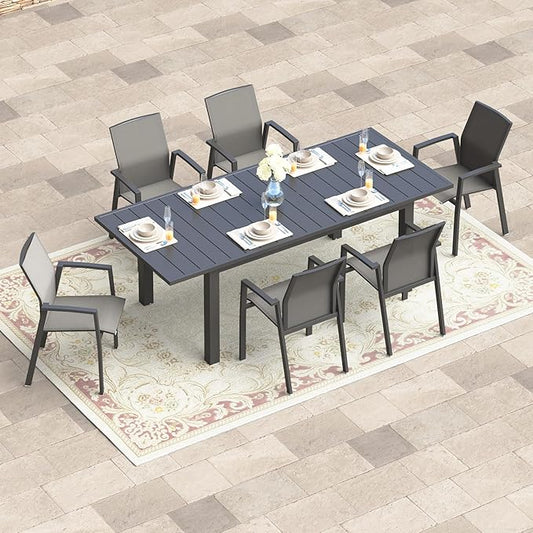 Wisteria Lane 7 Piece Aluminum Outdoor Patio Dining Sets with Fully Assembled Dining Chair，91.3" L×39.4" W Expandable Patio Table and Chairs Set for 6, Stackable Chairs with Quick Drying Fabric, Grey