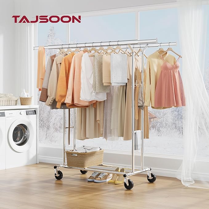 Tajsoon Double Rod Clothes Rack 480 LBS, Heavy Duty Clothing Rack with Wheels, Collapsible Clothes Rack for Hanging Clothes, Commercial Rolling Garment Rack with Shelf, Chrome