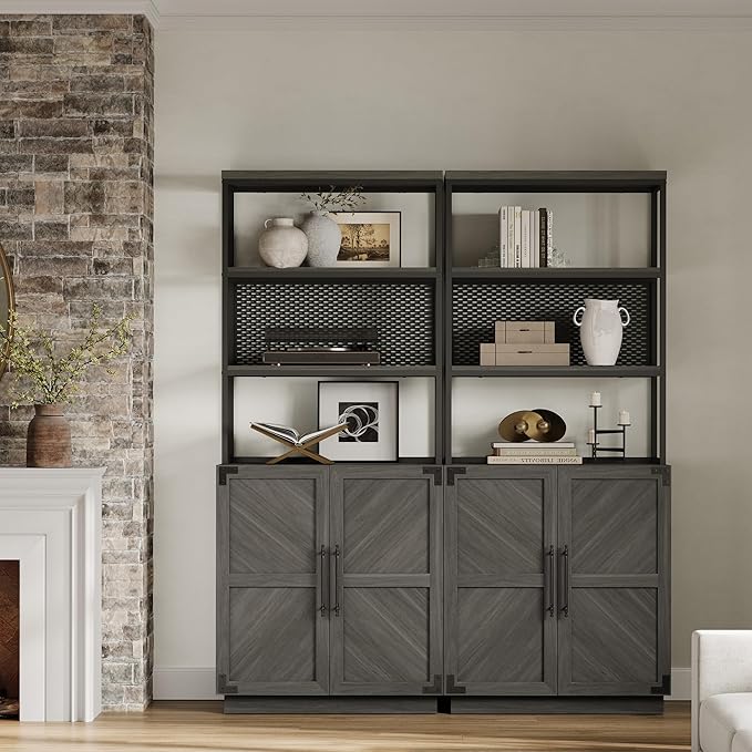 SICOTAS Tall Bookshelf with Storage Cabinet - Modern Book Shelf with Doors and Shelves, 5 Tier Bookcase with Metal Frame Industrial Large Book Case for Home Office, Living Room, 75 Inch, Ash Ash Gray