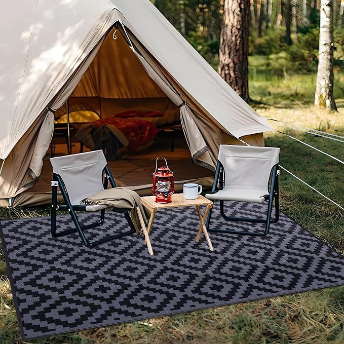 OLANLY Waterproof Outdoor Rug 9x12 ft, Outdoor Plastic Straw Rug for Camping, RV Mat Outside, Indoor Outdoor Carpet for Porch, Deck, Backyard, Balcony, Picnic, Black & Grey