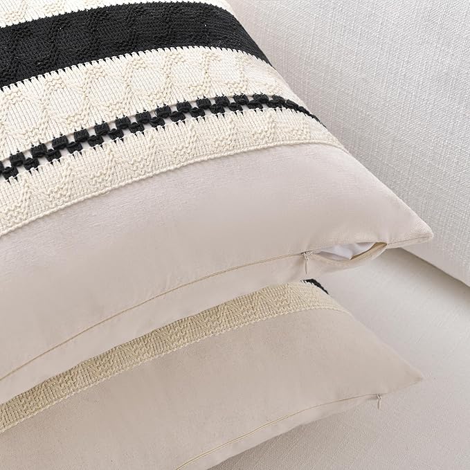 Fancy Homi Set of 2 Boho Black Euro Decorative Throw Pillow Cover 26x26 Inch for Couch Bed Bedroom, Aesthetic Modern Organic Farmhouse Room Decor, Soft Cotton Accent Macrame Woven Cushion Case