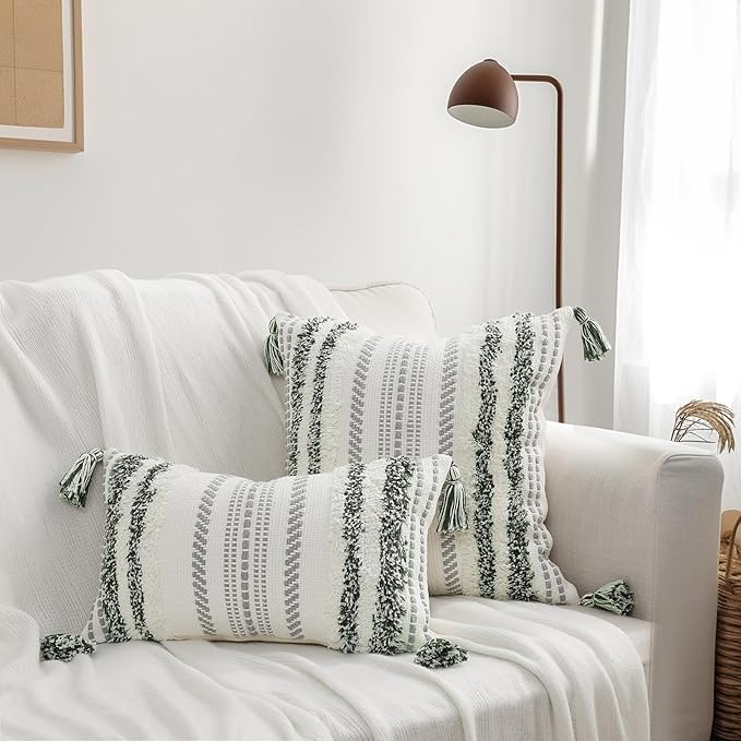 decorUhome Decorative Boho Throw Pillow Cover 12x20, Lumbar Accent Neutral Textured Tufted Pillow Cover Striped for Couch Bed Sofa, Green and Cream White, Pack of 1