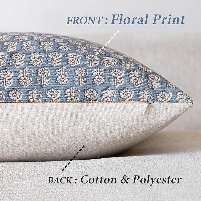 Foindtower Set of 2 Decorative Neutral Floral Print Throw Pillow Covers Vintage Accent Farmhouse Cushion Covers Boho Home Decor for Sofa Couch Chair Bedroom Living Room Outdoor,22×22 Inch,Dusty Blue