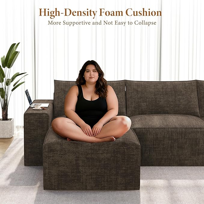 Vesgantti 114" Boneless Modular Sectional Sofa, Modern 3 Seater Couch with Ottoman & Deep Seat, Convertible Chenille L Shaped Cloud Couches for Living Room, No Assembly Required, Dark Brown