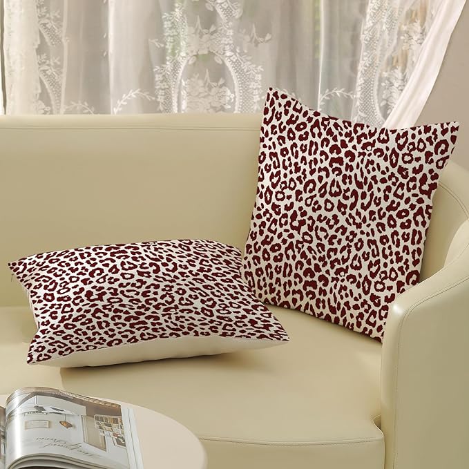 Leopard Print Pillow Covers 18x18 Pack of 2 Burgundy Red Animal Pattern Cheetah Decorative Throw Pillow Cover Outdoor Decor Boho Abstract Modern Pillowcase Farmhouse Cushion Case for Home Sofa