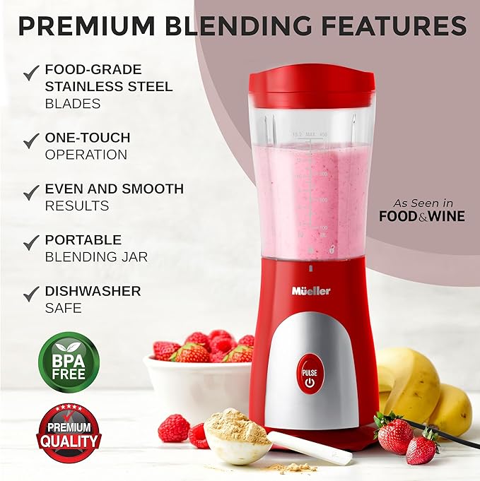 Mueller Smoothie Blender for Smoothies - Personal Blender for Shakes, Frozen Drinks, Baby Food & More, 15oz Travel Cup and Lid, Durable Stainless Steel Blades for Powerful Blending Performance, Red