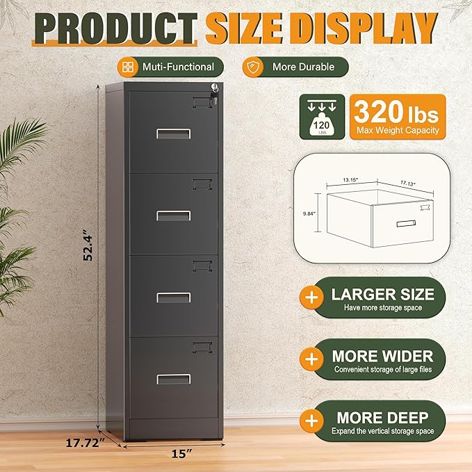 Greenvelly 4 Drawer File Cabinet,Locking Metal Vertical File Cabinet,Office Steel Filing Cabinet for Hanging Letter/Legal Folders,Assembly Required,Black,18" D x 15" W x 52" H