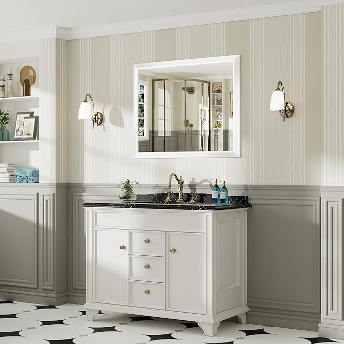 40x32 Inch White Bathroom Mirror for Wall, Thick Metal Framed Rectangle Mirrors for Over Sink, Bedroom, Living Room, Entryway, Anti-Rust, HD Tempered Glass