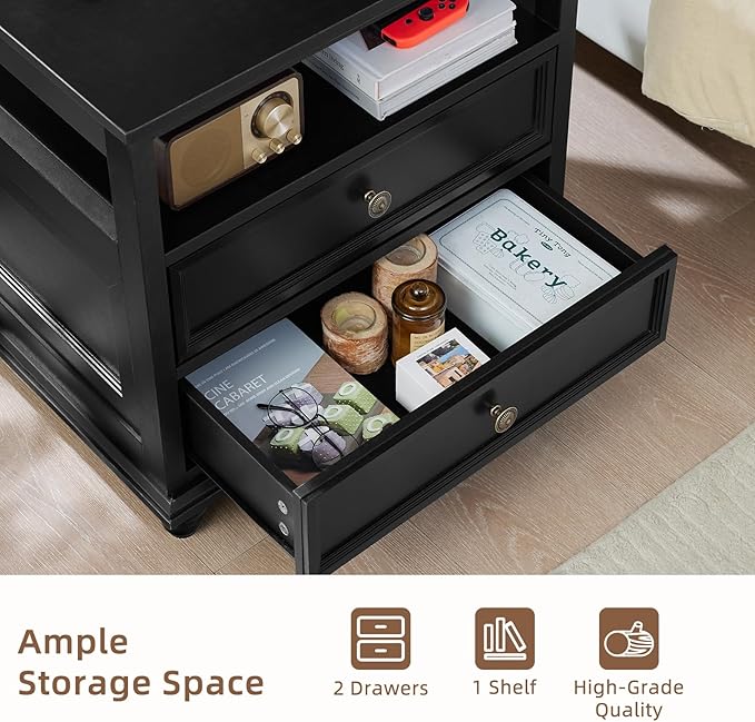 24" Wide Farmhouse Night Stand Set of 2,Large End Table with 2 Drawers & Metal Handle,Black Wood Dresser for Bedroom, Bed Side Table Chest of Drawers Cabinet, Nightstand for Living Room,Closet