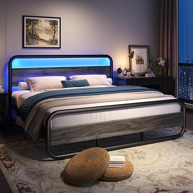 Catrimown King Size Bed Frame, Metal Bed Frame with LED Wood Headboard and, Heavy Duty Platform Bed with Under Bed Storage, Noise Free, No Box Spring Needed, Wash Gray