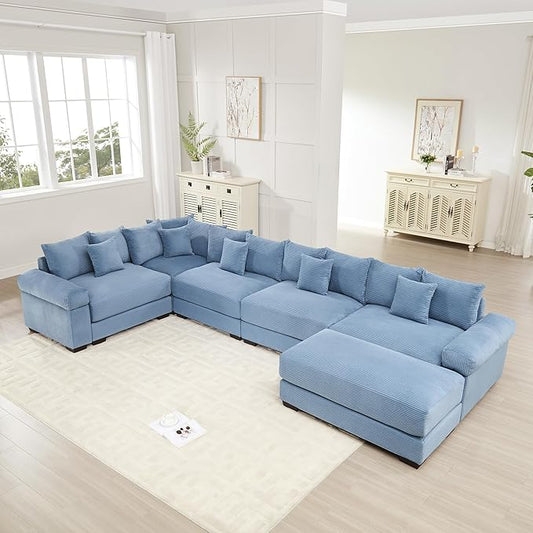 KEIKI 146" U-Shaped Oversized Corduroy Modular Cloud Sectional Sofa with 1 Ottoman, High-Density Foam Cushion, Extra-Thick Armrest, 5-Seater Fluffy Corner Couch with 18 Pillow, for Living Room, Blue