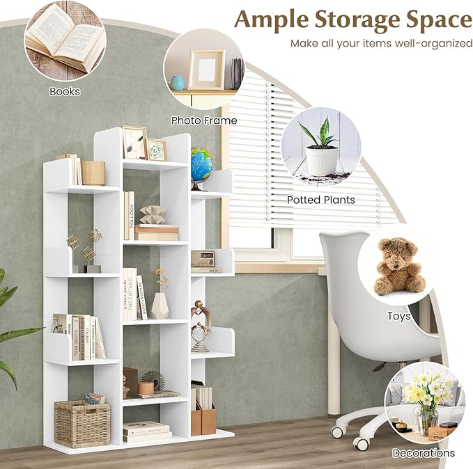 Tangkula Freestanding Tree Bookshelf, Corner Storage Organizer with 13 Open Shelves, Decorative Display Cube Shelf for Living Room, Study, Office, 34 x 9.5 x 55.5 Inch (2, White)