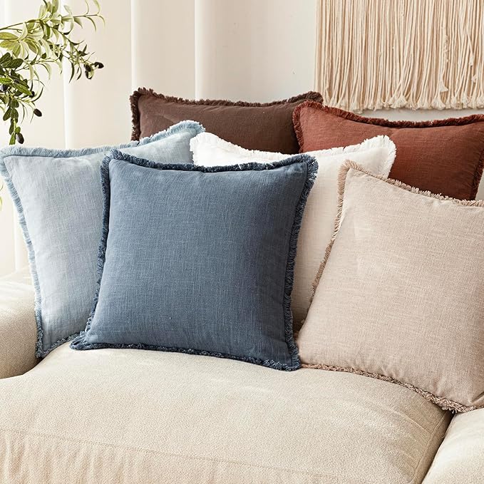 Foindtower Set of 2 Decorative Linen Fringe Throw Pillow Covers Boho Farmhouse Cushion Cover with Tassels Soft Accent Pillowcase for Couch Chair Sofa Bed Living Room Home Decor,24×24 Inch,Sky Blue