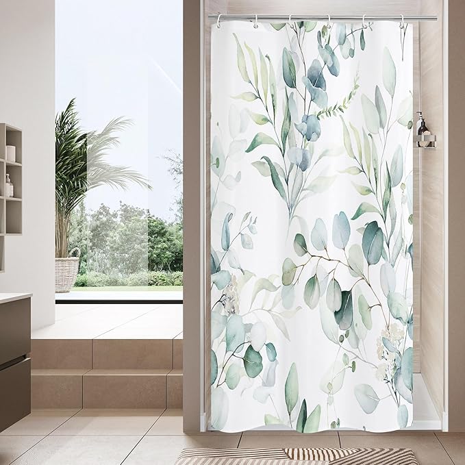 MitoVilla Sage Green Small Stall Shower Curtain 36 x 72, Spring Floral Narrow Half Size Fabric Elegant Shower Curtains for Modern Chic Bathroom Decor, Summer Watercolor Eucalyptus Leaf