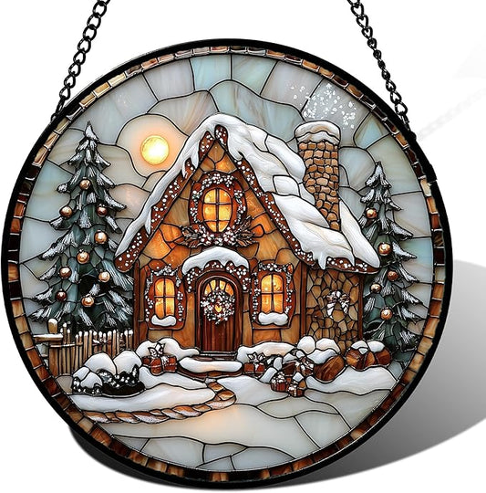 Stained Glass Window Hanging - Christmas Tree Cottage Sun Catcher for Door Garden Home Winter Decor Snowy Night Suncatcher Mother's Day Birthday Gifts for Women Men Mom Nana 6.3 in