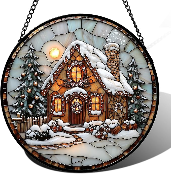 Stained Glass Window Hanging - Christmas Tree Cottage Sun Catcher for Door Garden Home Winter Decor Snowy Night Suncatcher Mother's Day Birthday Gifts for Women Men Mom Nana 15 in