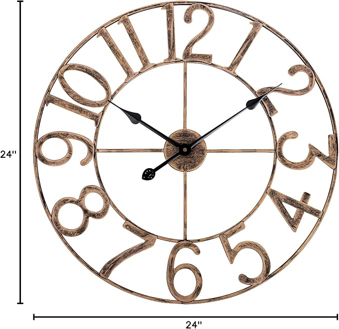 Large Wall Clocks for Living Room Decor, Silent Analog Battery Operated Wall Clock, 24 Inch Bronze Rustic Farmhouse Metal Wall Clock for Indoor, Outdoor