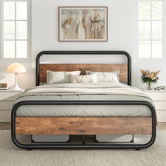 Catrimown Queen Size Bed Frame with LED Lights, Metal Rustic Platform Bed Frame with Wood Headboard and Footboard, Queen Size Platform Bed Frame with Under Bed Storage, Rustic Brown