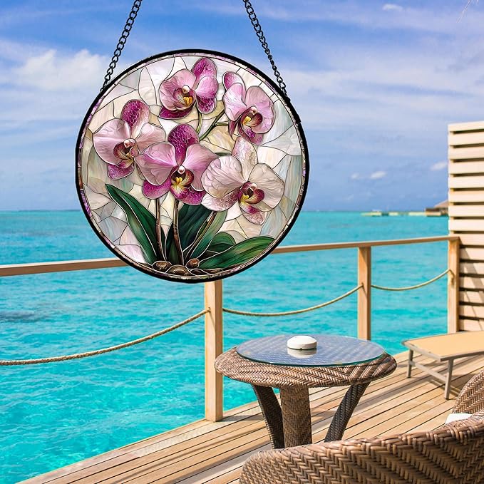 Stained Glass Window Hanging - Pink Purple Phalaenopsis Flowers Sun Catcher for Door Home Decor Plant Suncatcher Christmas Mother's Day Birthday Gifts for Women Men Mom Nana 6.3 in