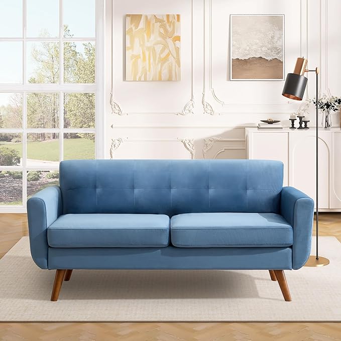 Tbfit 65" W Loveseat Sofa, Velvet Mid Century Modern Love Seat Couches for Living Room, Button Tufted Upholstered Small Couch for Bedroom, Solid and Easy to Install Love Seats Furniture, Blue