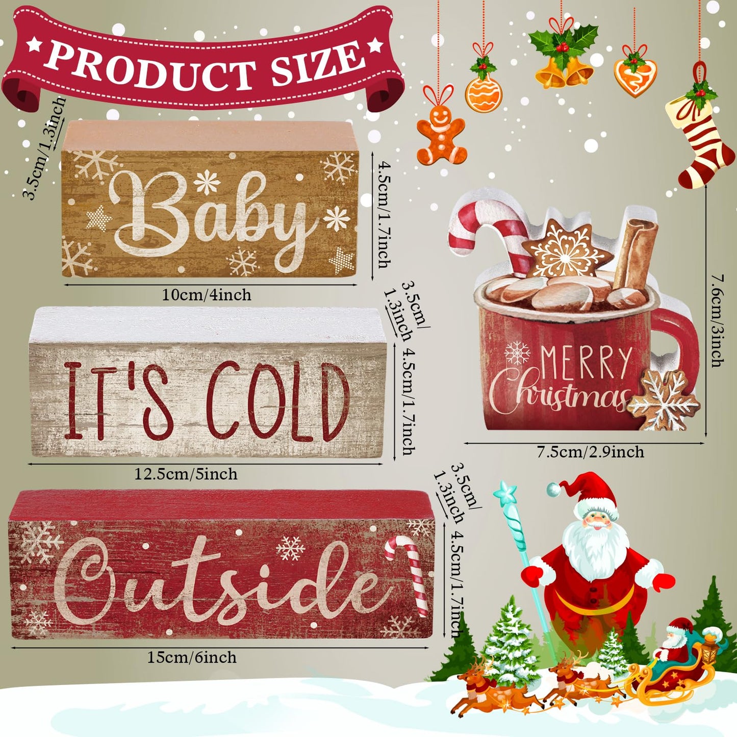 Moucuny 4 Pcs Christmas Table Decor Wooden Hot Cocoa Decoration Christmas Centerpiece Winter Tiered Tray Decor Decorative Red Hot Cocoa Block Signs Gift Farmhouse Xmas Decoration for Home Kitchen