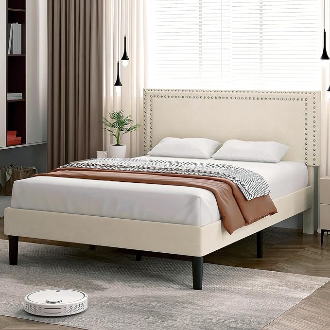 VECELO Full Size Bed Frame with Height Adjustable Upholstered Headboard, Wooden Slats Platform, Noise-Free Design, Easy Assembly