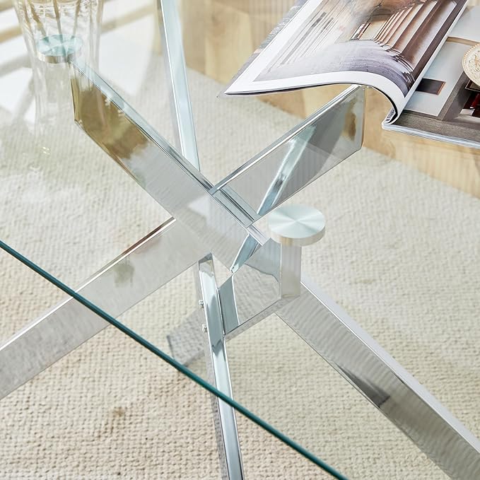 Rectangular Glass Dining Table, Tempered Glass Tabletop and Metal Legs, Modern Style Glass Kitchen Table for Home, Kitchen, Dining Room (Silver, 52'')