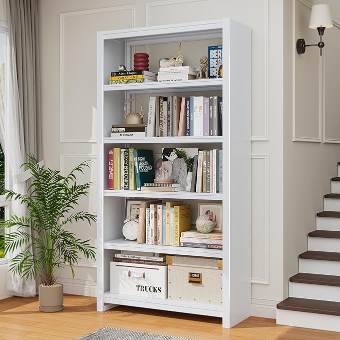 69.3" Tall Metal Bookshelf, White Bookcase with Display Shelves, 5 Tier Open Shelf Bookcases for Living Room, Bedroom, Home Office, Study, Library