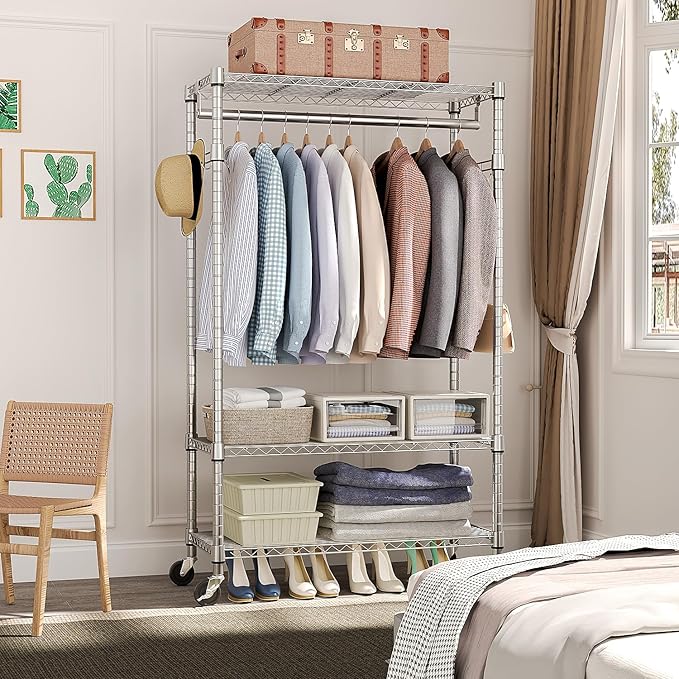 Heavy Duty Rolling Garment Rack 3 Tiers Adjustable Wire Shelving Clothes Rack with Rods and Side Hooks,Storage Closet Clothing Rack with Wheels Chrome 15.7" D x 29.5" W x 74.5" H