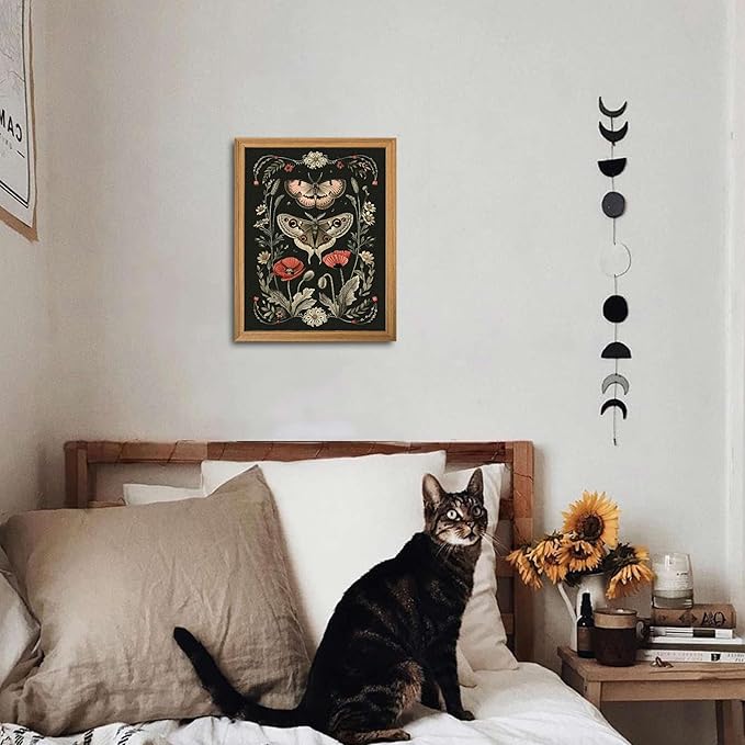 Vintage Framed Wall Art - 3D Textured Classical Style Moth Pictures Wall Decor - Hand Drawn Flowers Nature Art Painting for Living Room Bedroom Home Decor 8x10in