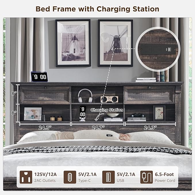 Farmhouse King Size Bed Frame with 54" Tall Headboard, Headboard with 4 Storage Rack, 2 Drawers, 18" Roman Column Decoration Footboard, Wood Platform Bed Frame, No Box Spring Needed(Dark Rustic Oak)