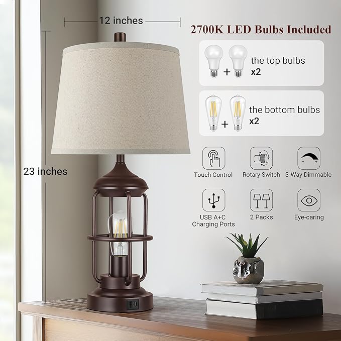 Qimh Table Lamp for Bedroom Set of 2 with USB A+C Ports, Farmhouse Bedside Lamp with Night Light, 3-Way Dimmable Touch Control, Rustic Industrial Nightstand Lamp for Living Room (2700K Bulbs Included)