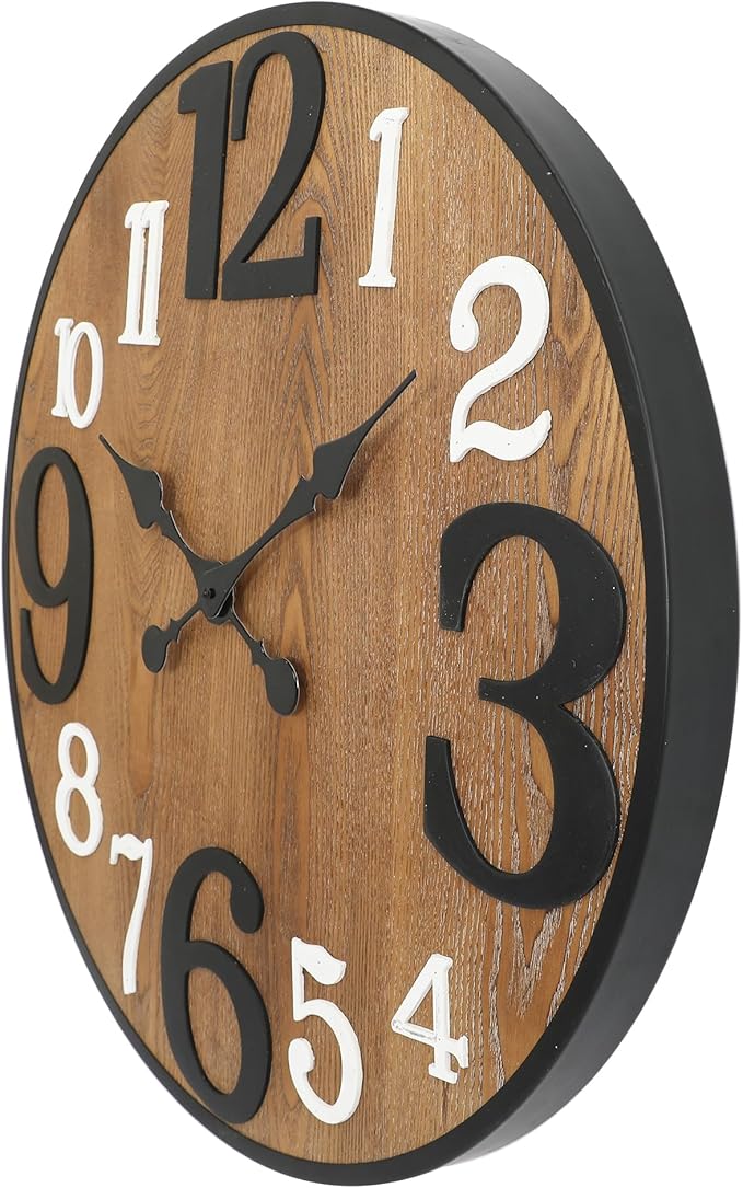 RiteSune 24 Inch Wood Wall Clock, Modern Large Numerals Battery Operated Quartz Movement, Black Metal Frame Decor Clock for Living Room Office Kitchen Bedroom, Entryway, Home, Office