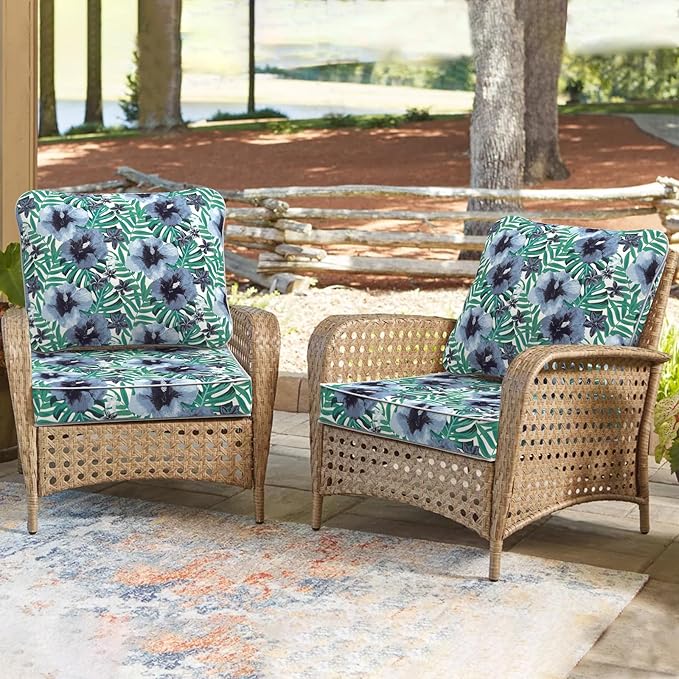 Outdoor Deep Seat Cushions Set 24 x 24 Inch for Patio Furniture,Water Resistant Chair Cushions Replacement Includes Seat Cushion & Back Pillow for Sofa, Wicker Chair - Blue Salmone Tropical