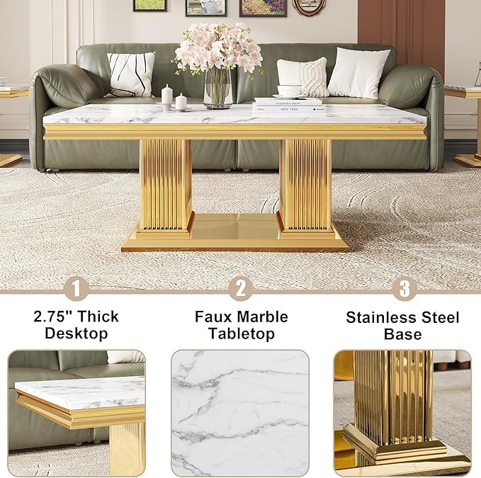 47" Marble Coffee Table, Modern White Center Table with Golden Pillar Stainless Steel Base, Rectangle Faux Marble Coffee Table for Living Room, Office