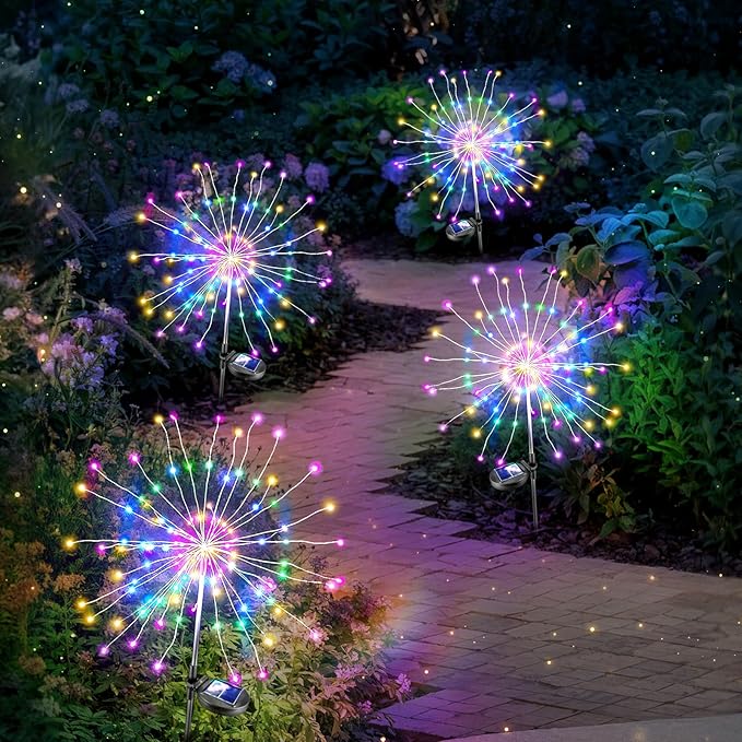 Anordsem Solar Lights Outdoor Waterproof: Garden Light Powered for Yard Outside Decorations -Fireworks Lamp Led for Patio Flower Bed Decor 4 Pack-Sparklers Fairy Colorful Gifts for Women Wife Party