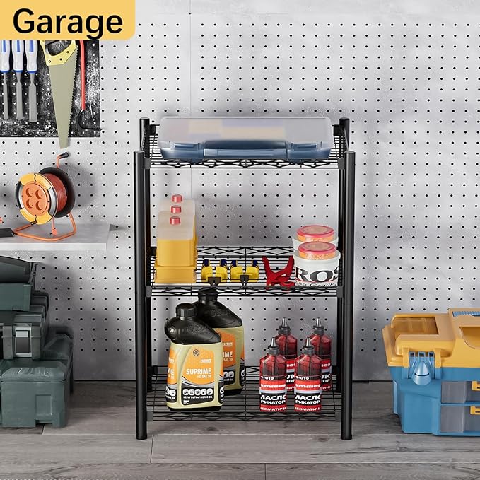 VETALLO 3 Tier Wire Shelf,Metal Shelving Unit Storage Shelves Rack, Utility Small Slim Stable Organizer for Home Kitchen,Garage,Pantry,Closet,Laundry,Bathroom(16.6" L x 11.8" W x 30" H)