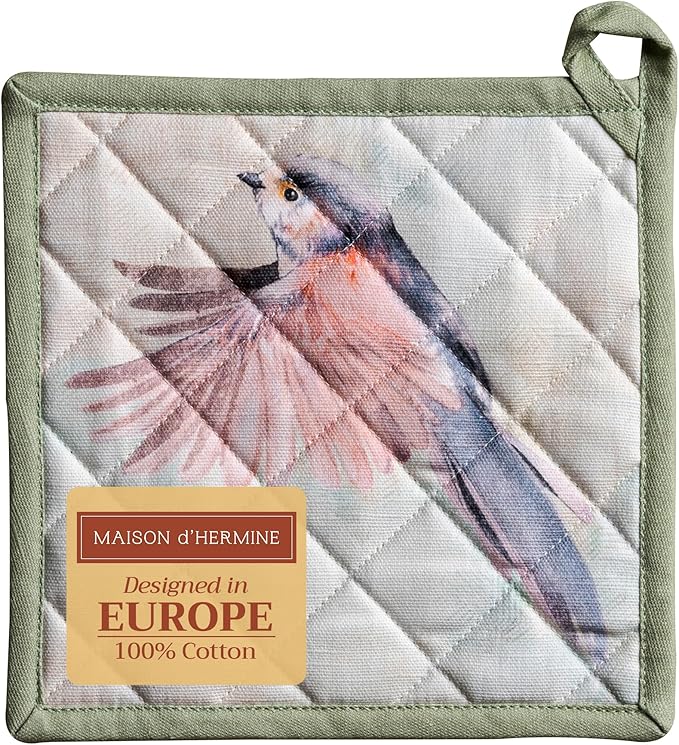 Maison d' Hermine Pot Holders 100% Cotton Heat Resistant Potholders 8" x 8" Hot Pads with Loop BBQ, Cooking, Baking, Grilling, Kitchen, Handling Hot Pans Spring/Summer (Pack of 1, Flying Birds)