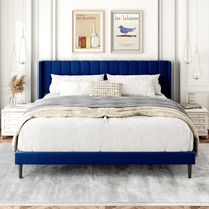 King Size Bed Frame with Upholstered Wingback Headboard, Easy Assemnly Platform Bed, Wooden Slat Support No Box Spring Needed, Navy Blue