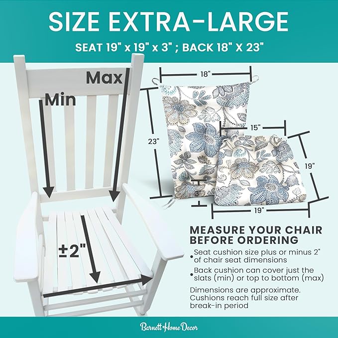 Barnett Home Decor Porch Rocker Cushions Set, Foam Filled Latex Chair Cushion & Backrest Pad Set, Made in USA, Small Size 23 x 19 Inches Outdoor Rocker Cushion, Blue Floral, Blue/White