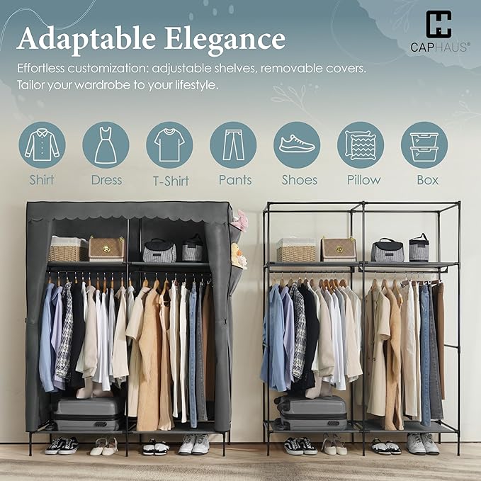 CAPHAUS 55-Inch Clothing Rack with Cover, Portable Closet Wardrobe, Covered Garment Rack for Hanging Clothes, 190LB Capacity Heavy-Duty Metal Frame Clothes Organizer Rack with Storage Shelves