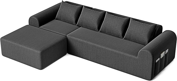 105.5” Cloud Boneless Sectional Sofa for Living Room, L-Shaped 4-Seater Modular Couch with Ottoman & 4 Pillows, Deep Seat Chenille Fabric Sofa, No Assembly, 72H Full Restore, Grey