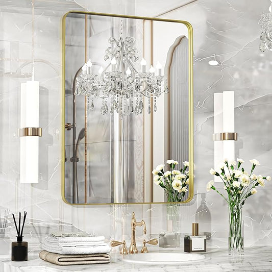 Fun Memories Gold Bathroom Mirror 23x32 Inch Bathroom Vanity, Metal Black Frame Large Mirror, Modern Wall Mirror for Bathroom, Tempered Glass, Farmhouse, Horizontally or Vertically